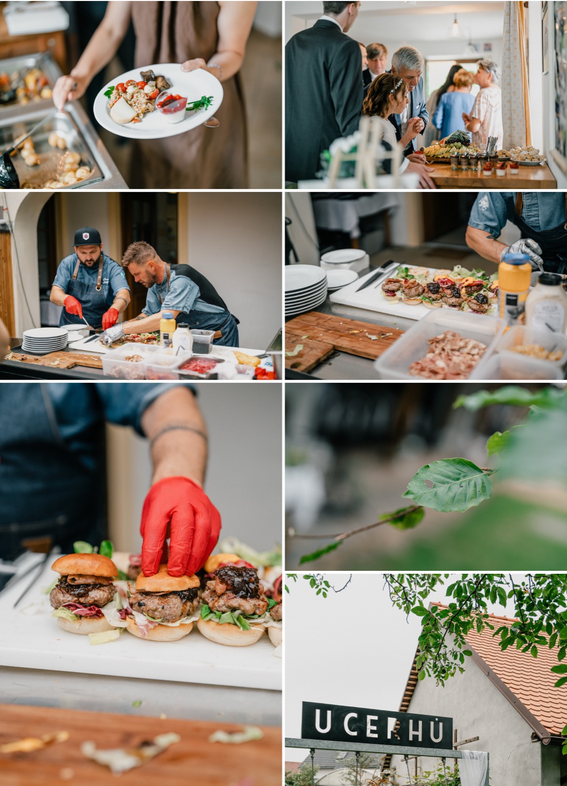 Catering a raut na svatbě U Cerhů – šéfkuchaři připravují jídlo, hosté u bufetového stolu